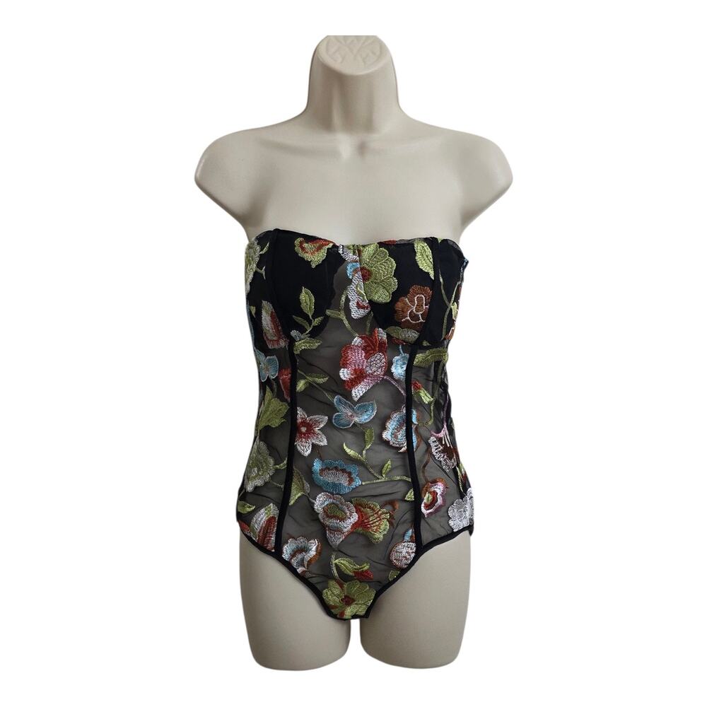Womens Size M Floral Embroidered Mesh Bodysuit Strapless Corset Style Sheer Top